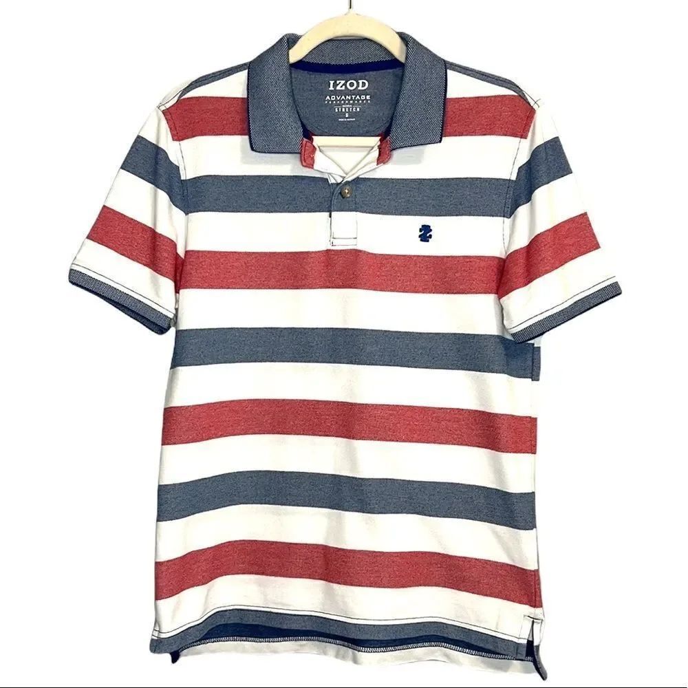 IZOD Men’s Red White Blue Striped Short Sleeve Polo Size Small